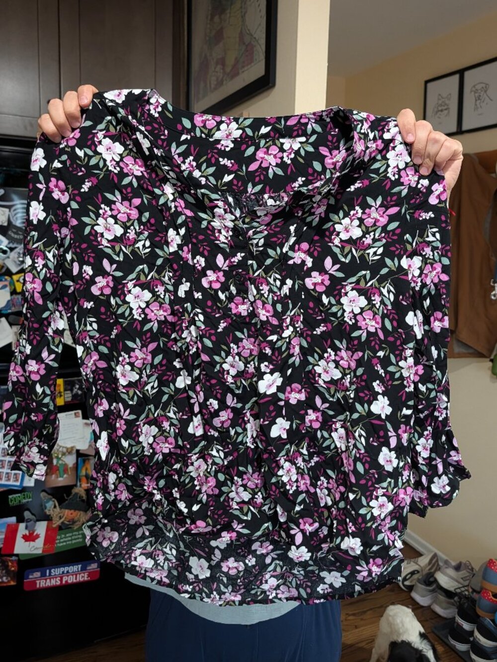 Fun 2 Fun Stitch Fix Black Pink Floral Pintuck Henley Blouse